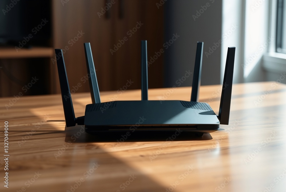 Modern Wi-Fi Router with Multiple Antennas on a Wooden Table Modern Wi-Fi Router with Multiple Antennas on a Wooden Table