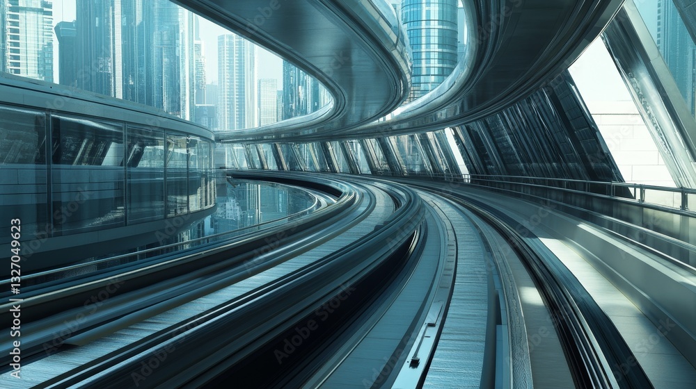 Futuristic Train Tracks in Modern Urban Setting with Glass Towers Futuristic Train Tracks in Modern Urban Setting with Glass Towers