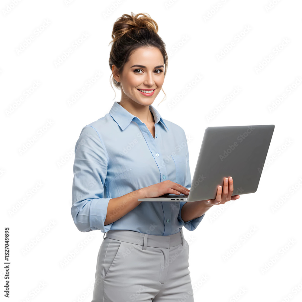 Businesswoman Holding Laptop, Smiling While Engaging with Media and Sharing Content Online, PNG format Businesswoman Holding Laptop, Smiling While Engaging with Media and Sharing Content Online, PNG format