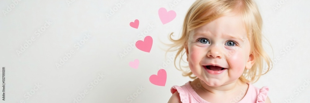 A joyful toddler smiling with hearts around, capturing pure innocence and happiness. A joyful toddler smiling with hearts around, capturing pure innocence and happiness.