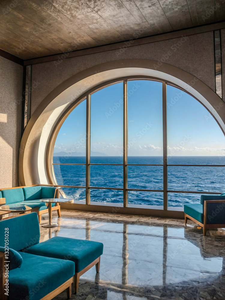 Fototapeta premium Cruise ship lounge concept with ocean view through an arch window.