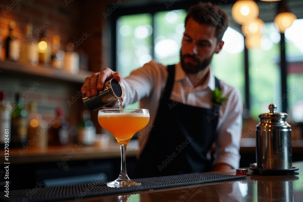 A skilled bartender pouring a colorful cocktail into a stylish glass. A skilled bartender pouring a colorful cocktail into a stylish glass.