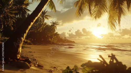 Serene Tropical Beach at Sunrise with Palm Trees and Gentle Waves