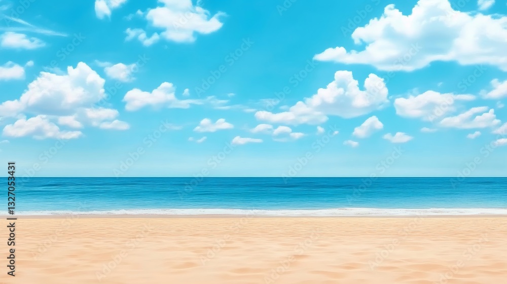 Fototapeta premium Serene beach scene with golden sand and calm blue ocean under a bright sky with fluffy clouds