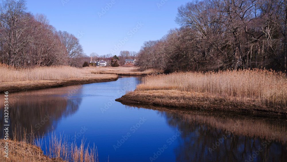Westbrook Connecticut Landscape over the Patchogue River along the Salt Meadow National Wildlife Refuge in USA: A tranquil green space for fishing, hiking and walking in New England of America Westbrook Connecticut Landscape over the Patchogue River along the Salt Meadow National Wildlife Refuge in USA: A tranquil green space for fishing, hiking and walking in New England of America