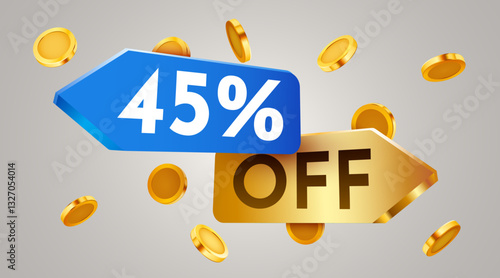45 percent off sale label with falling golden coins. Cashback or sale concept. Vector illustration