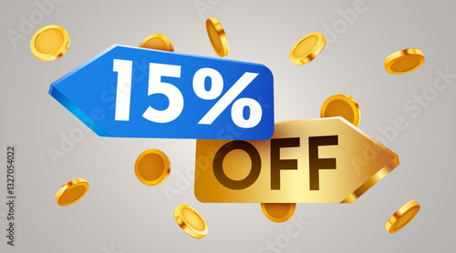 15 percent off sale label with falling golden coins. Cashback or sale concept. Vector illustration