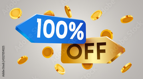 100 percent off sale label with falling golden coins. Cashback or sale concept. Vector illustration