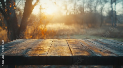 Rustic wooden table outdoors at golden sunset