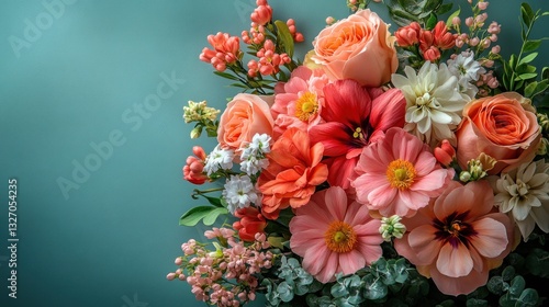 Peachy floral bouquet on teal background
