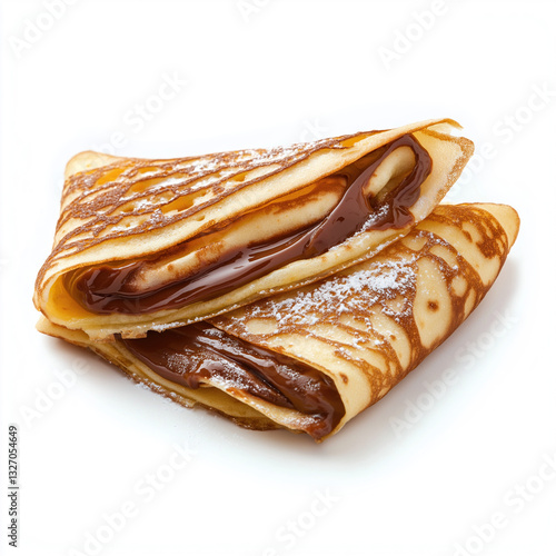 close up of crepes with chocolate cream isolated on white background