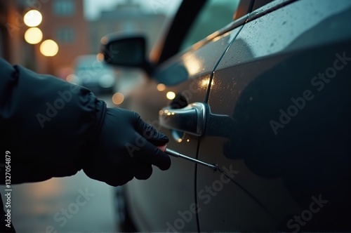 Under the dim glow of streetlights, a gloved hand works intently on unlocking a parked vehicle, hinting at illicit intent during a rainy evening in the city