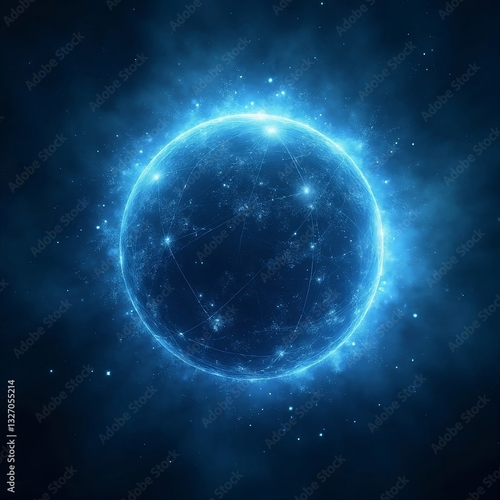 Fototapeta premium A colossal quantum energy sphere floating in deep space, surrounded by glowing blue electromagnetic fields, sci-fi cosmic technology, ultra-detailed, 8K resolution, hyper-realistic lighting