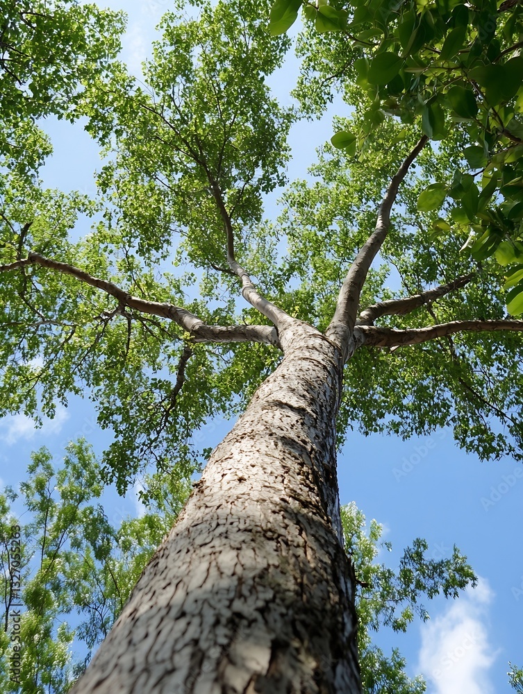Fototapeta premium Majestic upward view of a tall tree against a bright blue sky filled with green leaves : Generative AI