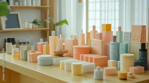 Colorful skincare display in a bright, airy studio