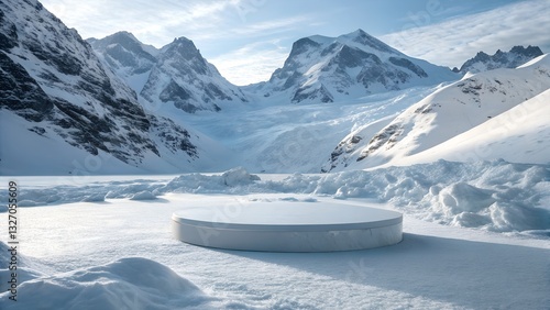 White Platform in Snowy Mountain Landscape: Winter Product Display