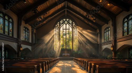 Sunlight Streams Through Stained Glass in Church (1)