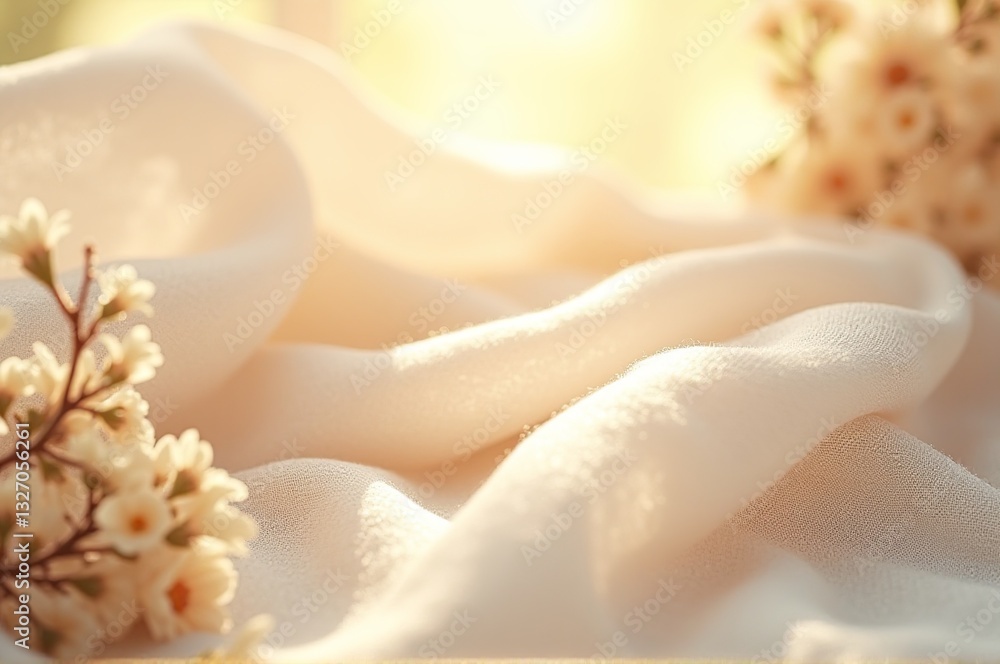 Fototapeta premium Gentle folds of white fabric blend harmoniously with small white flowers, illuminated by soft sunlight that creates a tranquil and peaceful ambiance in the afternoon