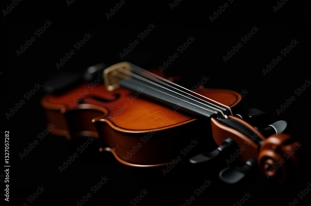 Fototapeta premium A beautifully crafted violin lies in a dramatic play of light and shadows, showcasing its rich wood tones and meticulous details. This moment captures the essence of musical craftsmanship