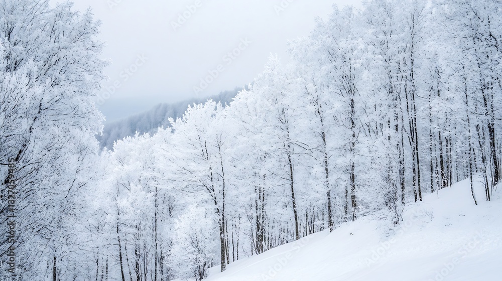 Fototapeta premium Snow covered trees in a tranquil winter landscape with a soft grey sky and fresh snow on the ground : Generative AI