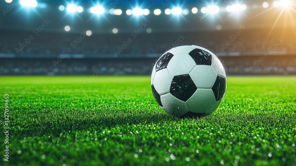 Fototapeta premium Soccer ball on a vibrant green field in a stadium at night