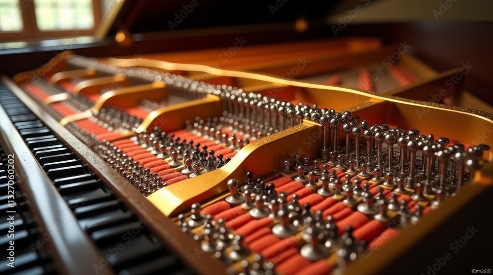 A highly detailed and intricate illustration of the internal mechanisms of a grand piano A highly detailed and intricate illustration of the internal mechanisms of a grand piano