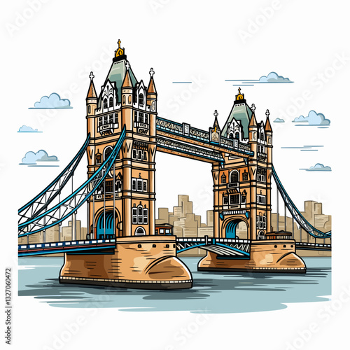 Tower Bridge hand-drawn comic illustration. Tower Bridge. Vector doodle style cartoon illustration