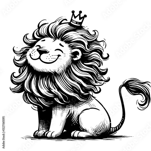 A lion with a gentle expression line art drawing of lion happy smile joy ink sketch vector hand drawn illustration background