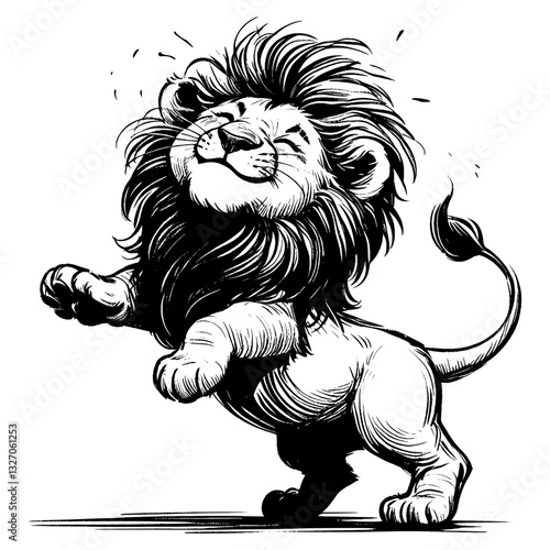 A proud lion with a calm demeanor line art drawing of lion happy smile joy ink sketch vector hand drawn illustration background