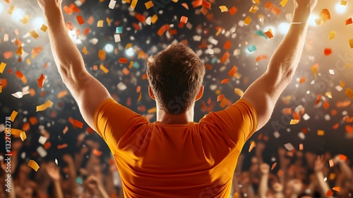 The Victor's View: Witness the exhilarating moment as a champion raises hands, surrounded by confetti and an adoring crowd, celebrating a hard-earned triumph.