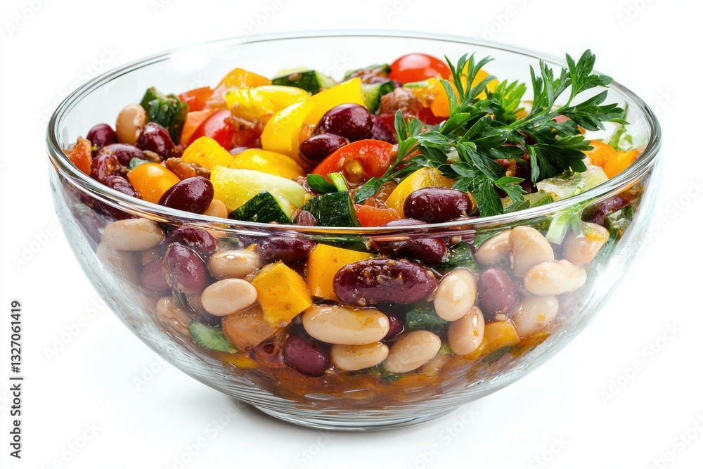 Glass bowl filled with colorful bean salad cherry tomatoes peppers zucchini and parsley herbs fresh Glass bowl filled with colorful bean salad cherry tomatoes peppers zucchini and parsley herbs fresh