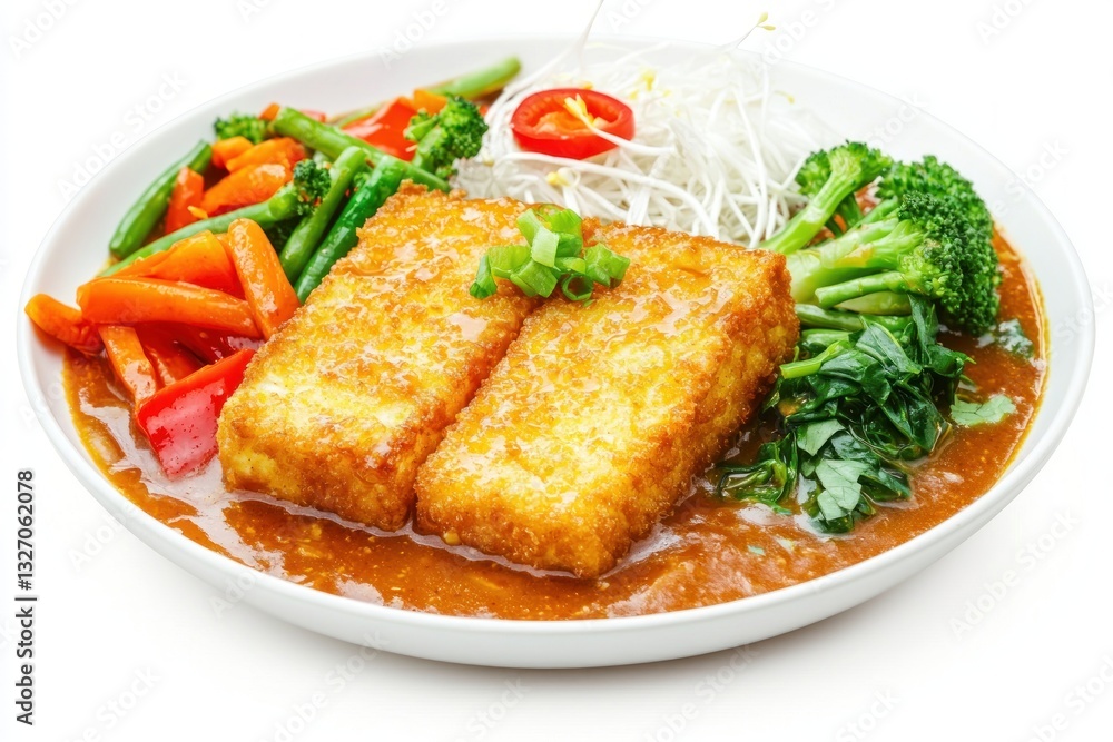 Appetizing Tofu in Rich Sauce Garnished with Vegetables Plated on a White Dish Ready to Enjoy Appetizing Tofu in Rich Sauce Garnished with Vegetables Plated on a White Dish Ready to Enjoy