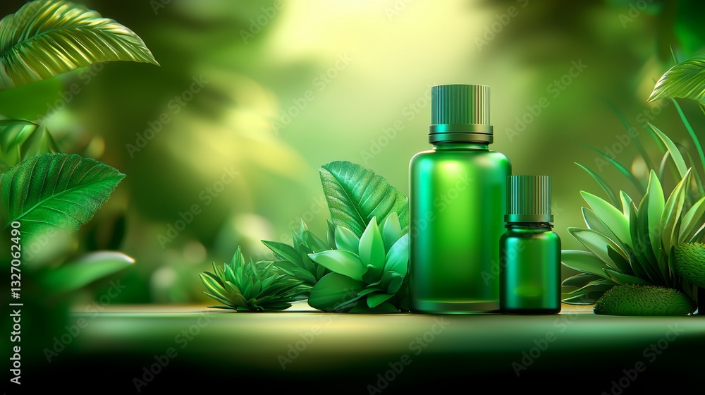 Herbal essence bottles in a lush green environment minimalist setup nature focused gigapixel quality Herbal essence bottles in a lush green environment minimalist setup nature focused gigapixel quality