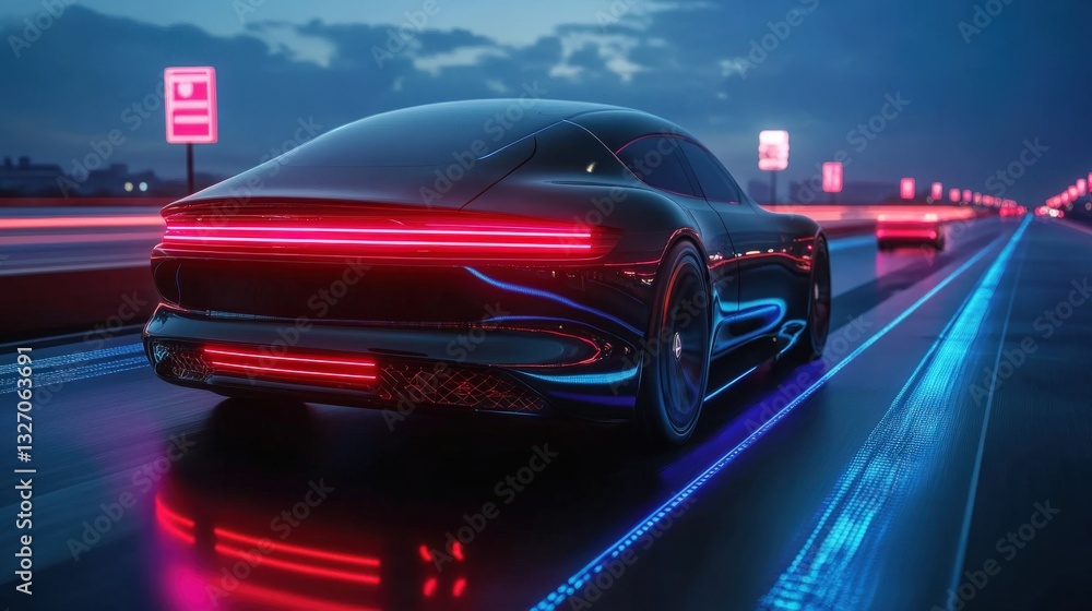 Obraz premium A futuristic electric car with sleek aerodynamic design, driving along a smart highway with automated lane guidance and glowing road signs
