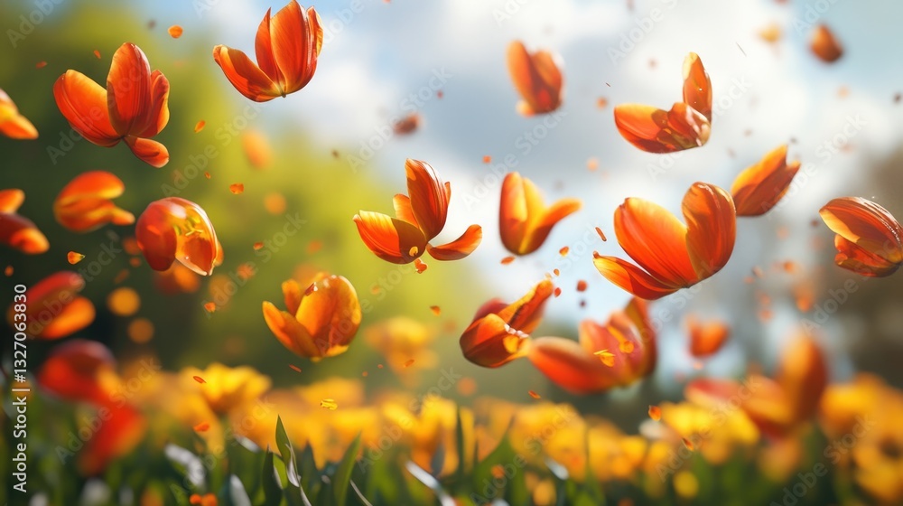 Flower petals floating in the air on a blurred background, spring concept, creating vibrant scene. Flower petals floating in the air on a blurred background, spring concept, creating vibrant scene.