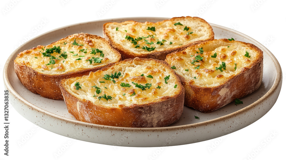Toasted Garlic Bread: A close-up shot of golden, toasted garlic bread slices arranged on a plate, a culinary delight. Toasted Garlic Bread: A close-up shot of golden, toasted garlic bread slices arranged on a plate, a culinary delight.