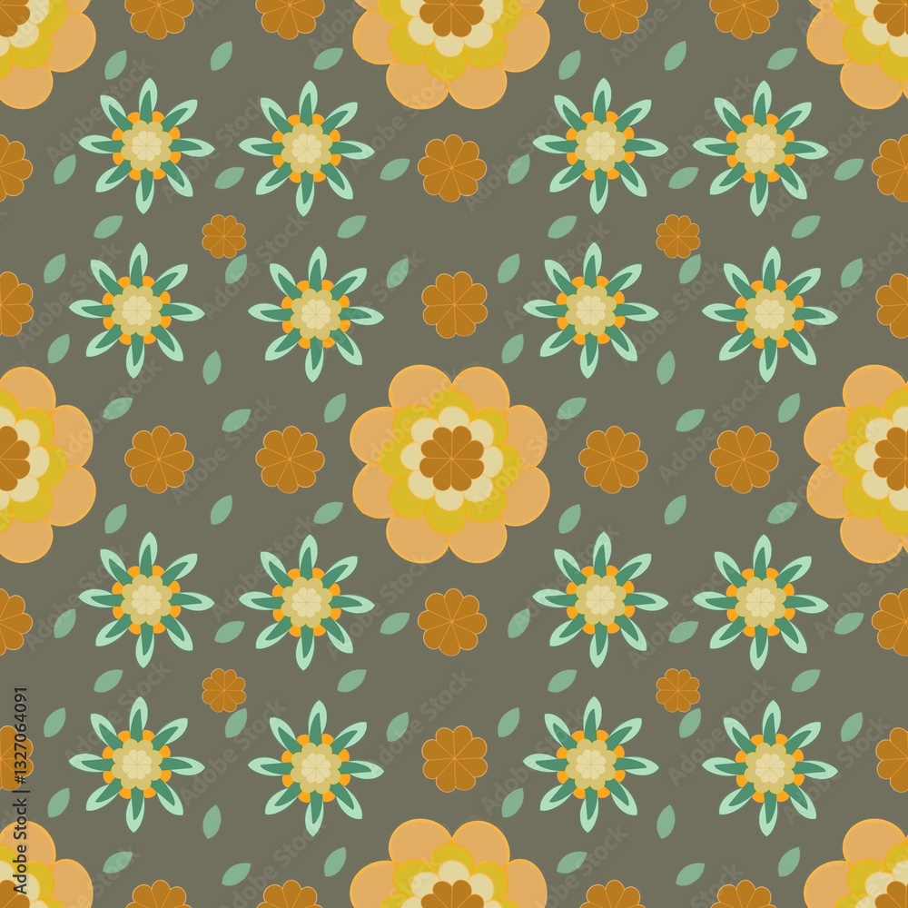 Obraz premium Seamless cute spring pattern with yellow flowers and elements on dark green background, pxl 5000x5000, wrapping paper, digital art, gift inso, fabric, textile idea