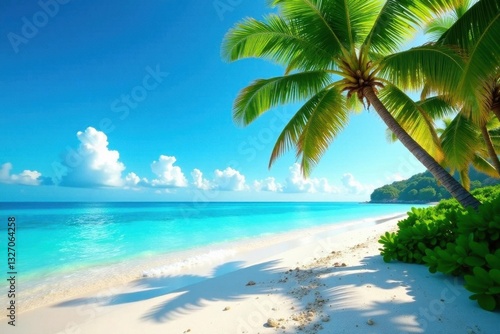 White sand beach, lush palms, clear blue sea, sunny sky , exotic, green