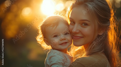 Golden Hour Embrace Mother and Toddler in Park