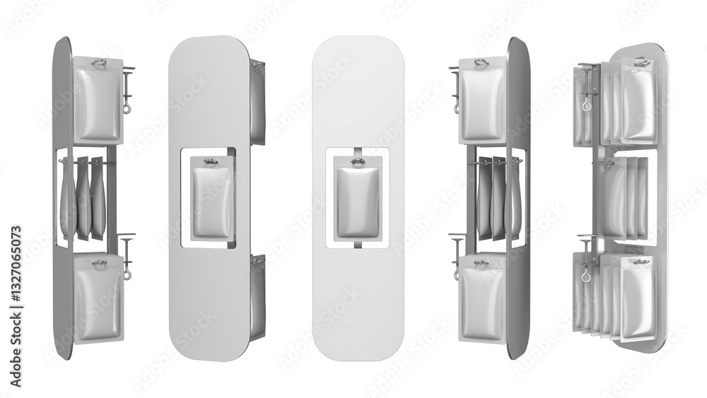 Hanging display stand with blank pouches, fixings and display products hole in front. Front view, side view, rear view. 3d illustration set isolated on white Hanging display stand with blank pouches, fixings and display products hole in front. Front view, side view, rear view. 3d illustration set isolated on white