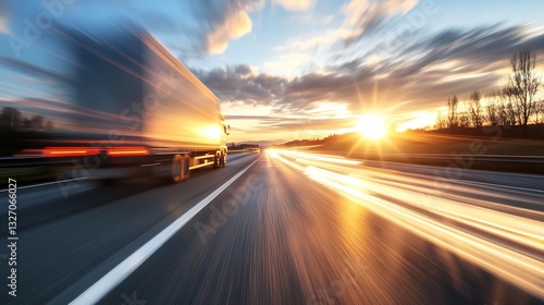 Dynamic motion of a truck speeding along a highway at sunset : Generative AI