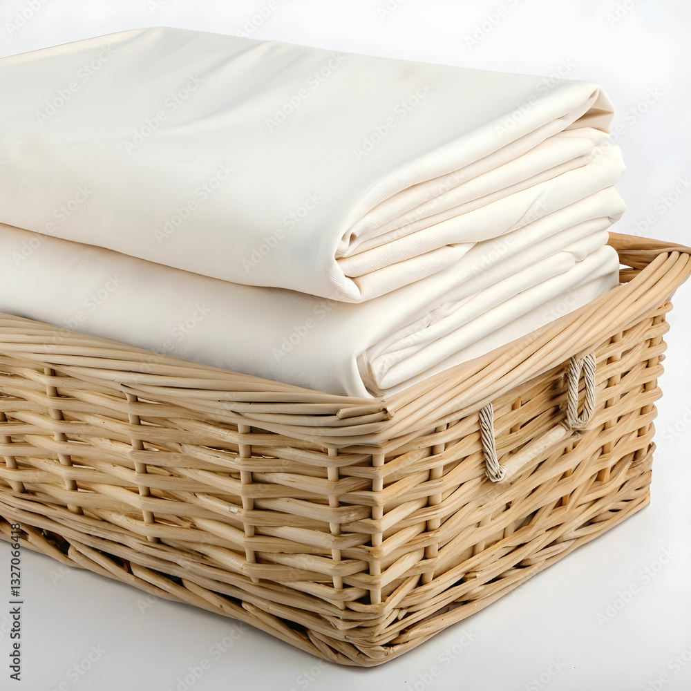 Obraz premium A neatly folded stack of soft bedding sheets placed in a wicker basket.