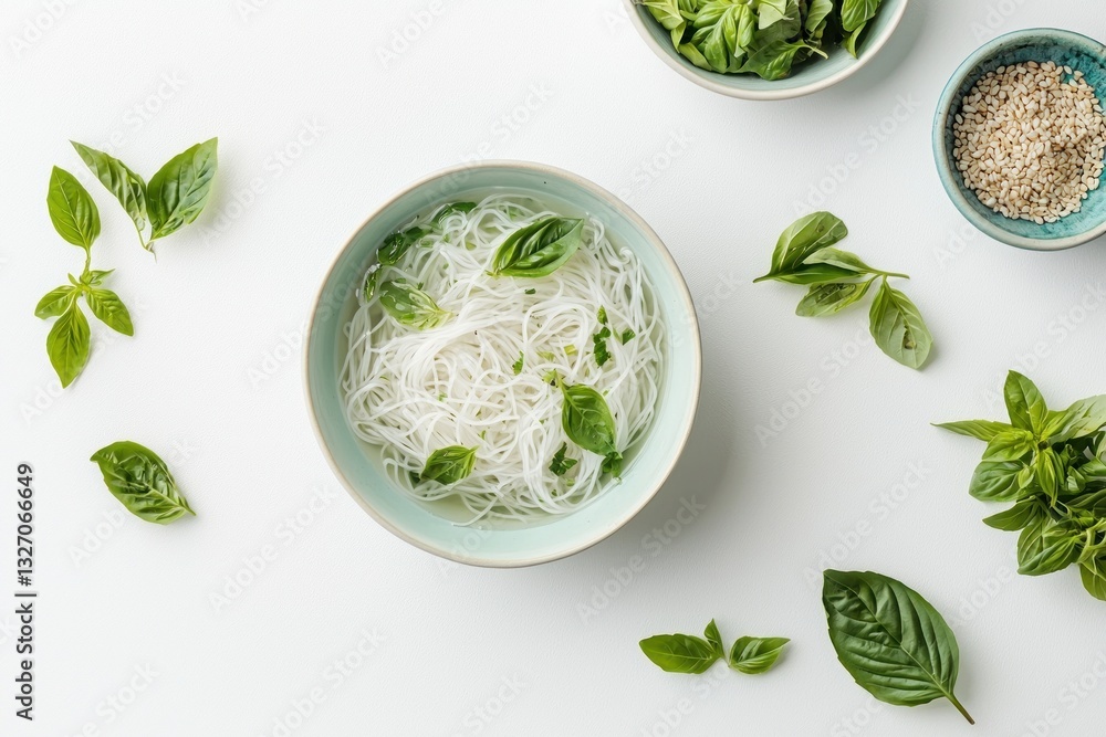 Obraz premium Vermicelli noodle soup with basil on white surface showcasing a light and airy minimalist style