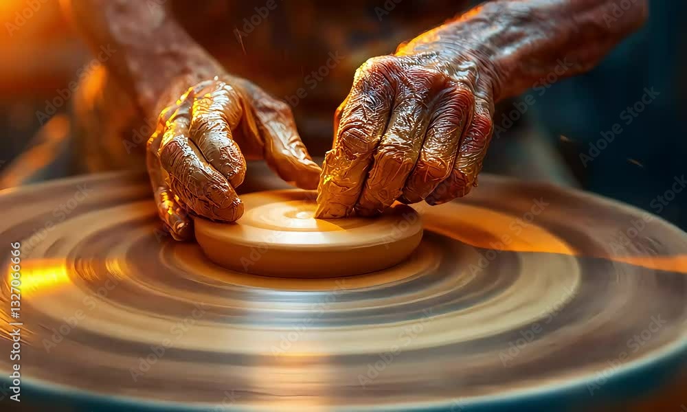 Potter hands molding wet clay on spinning pottery wheel