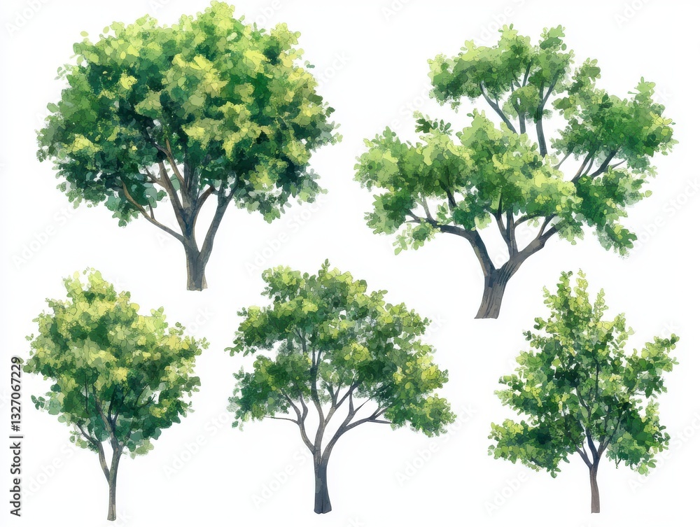 Obraz premium Five Green Deciduous Trees on White Background