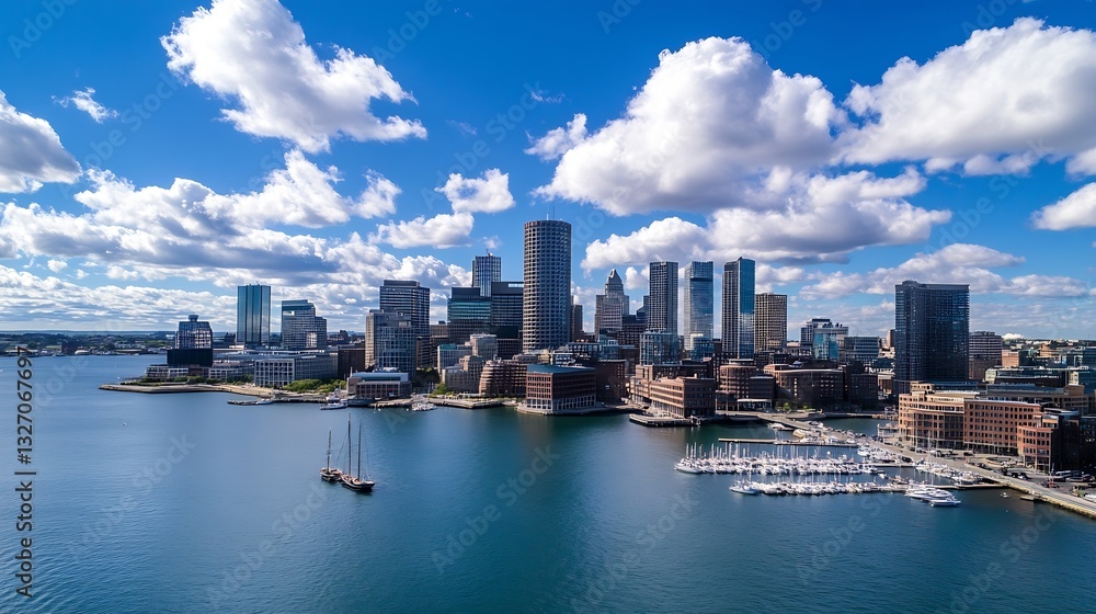 Obraz premium Stunning Aerial View of Boston City Skyline Under Bright Blue Sky and Fluffy Clouds : Generative AI