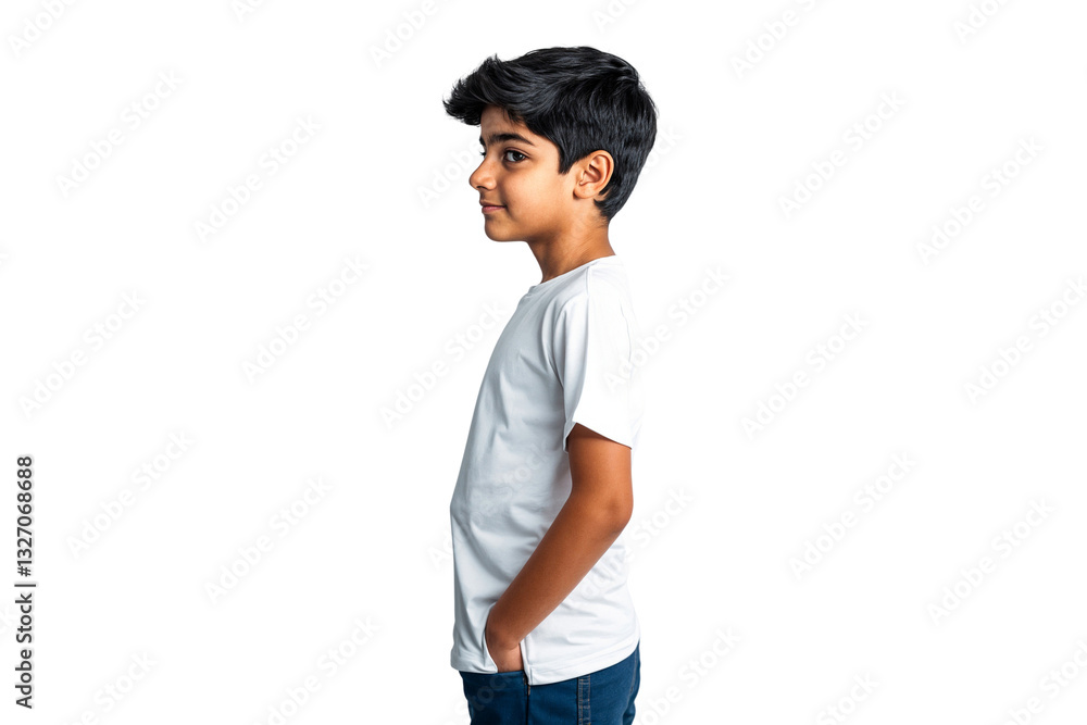Handsome young boy wearing white t-shirt, kids fashion concept, isolated on transparent background Handsome young boy wearing white t-shirt, kids fashion concept, isolated on transparent background
