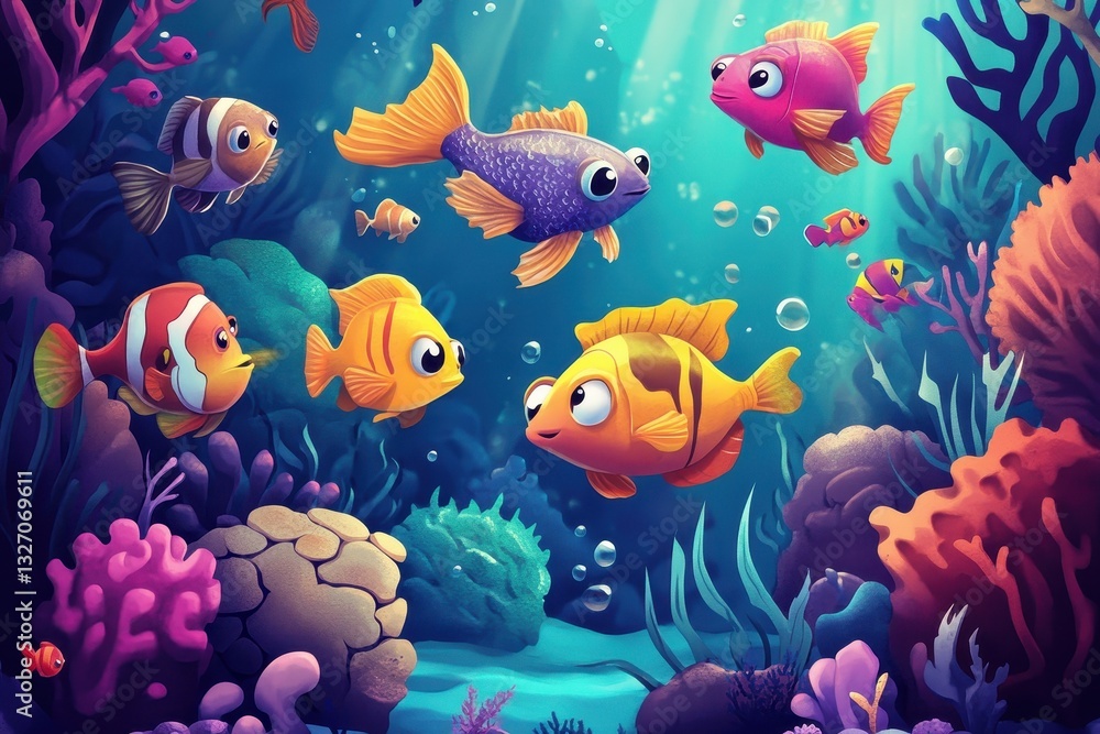Fototapeta premium Colorful cartoon fish swimming amongst vibrant coral reefs in the ocean