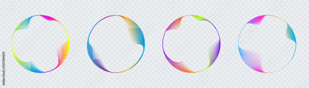 Set of neon glowing circles with gradient transition isolated on white background. Colorful bright template of wavy dynamic lines. Set of neon glowing circles with gradient transition isolated on white background. Colorful bright template of wavy dynamic lines.