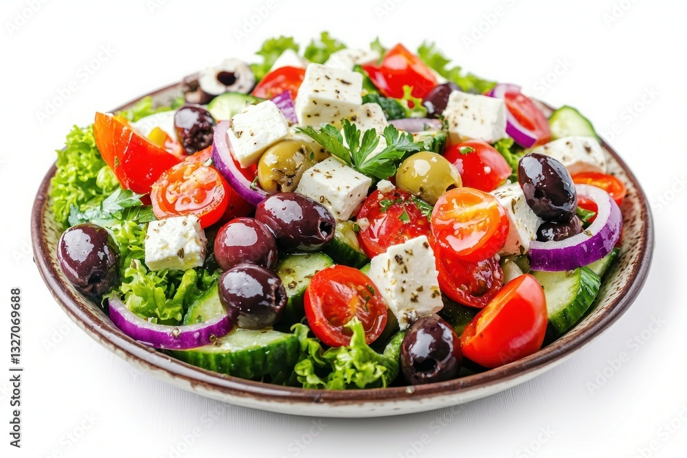 Fresh Greek salad with ripe tomatoes, cucumbers, feta cheese, and Kalamata olives in rustic bowl Fresh Greek salad with ripe tomatoes, cucumbers, feta cheese, and Kalamata olives in rustic bowl
